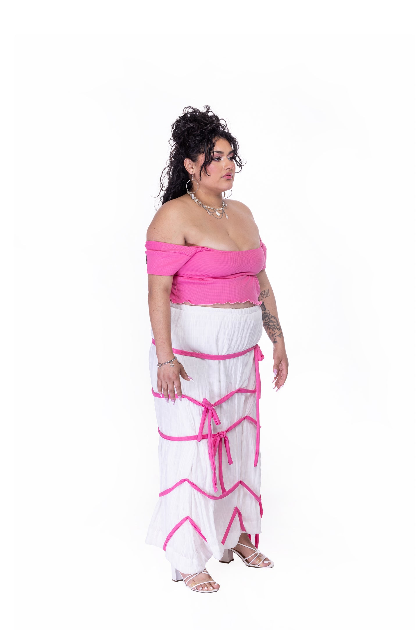 Pink Petal Off-Shoulder Top & Cascading Pink Tie Maxi Skirt